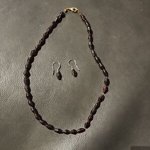 Elegant Genuine Garnet and Real Gold Necklace and Earring Set